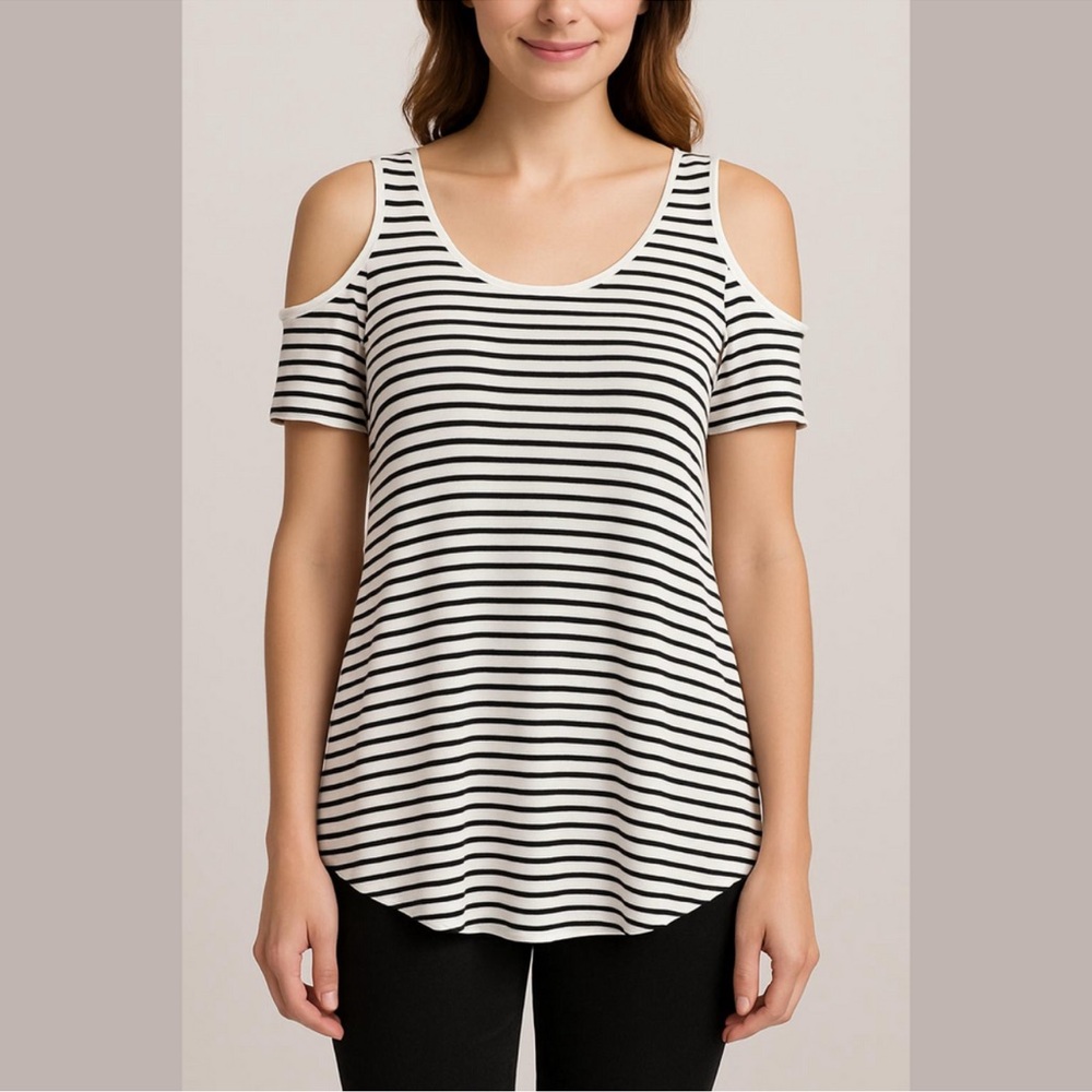 ANTHROPOLOGIE W5 Black White Striped Cold Shoulder High Low Top Women’s Small